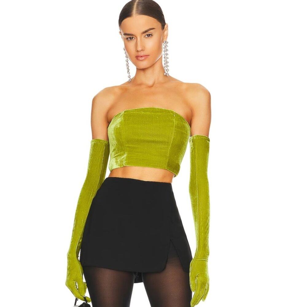 Lovers + Friends Lime Green Velvet Strapless Crop Top with Matching Gloves